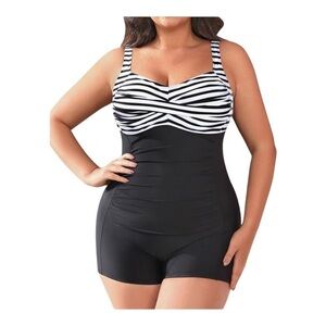 Daci Retro Twist Front with Shorts Tummy Control Ruched One Piece Swimsuit 24W